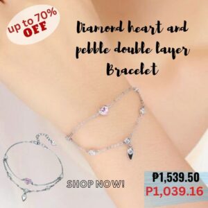 Diamond Heart and Pebble Double Layer Bracelet Swarovski Sterling Silver