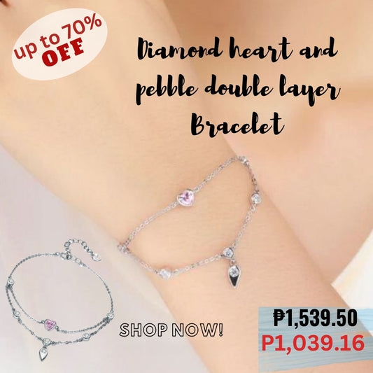 Diamond Heart and Pebble Double Layer Bracelet Swarovski Sterling Silver